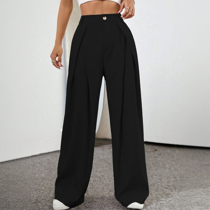 Damen großzügige High-Waist Palazzo-Hose mit eleganten Falten und sichtbarem Knopf Drune