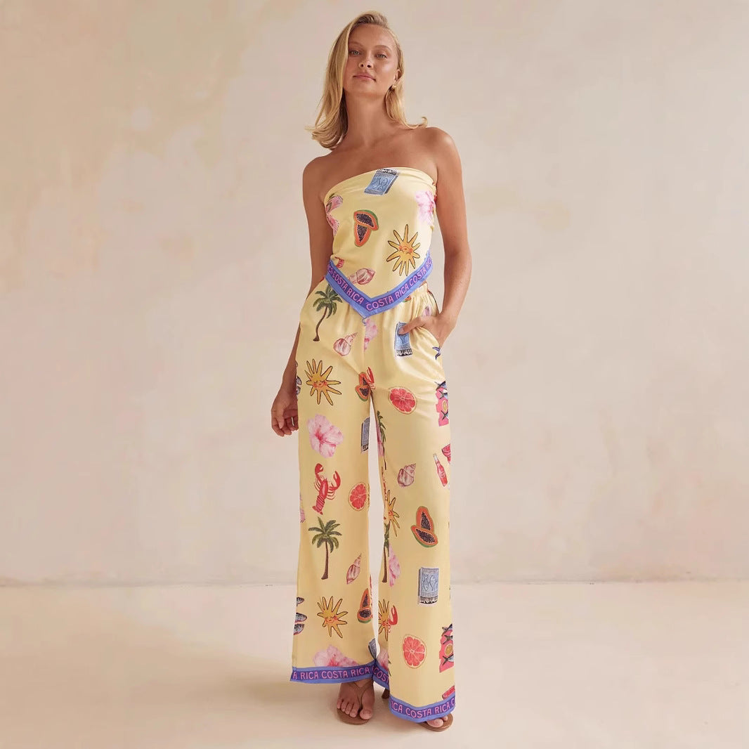 Damen Jumpsuit mit verspielten tropischen Mustern und elastischem Oberteil Drune