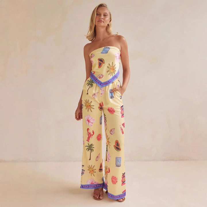 Damen Jumpsuit mit verspielten tropischen Mustern und elastischem Oberteil Drune