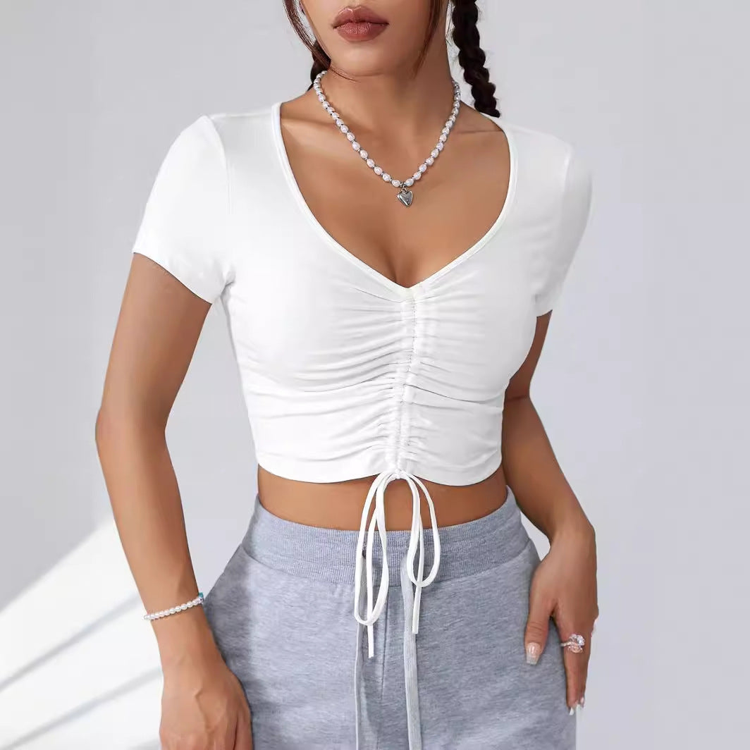 Damen Cropped Top mit raffinierten Rüschendetails und Kordelzug Drune
