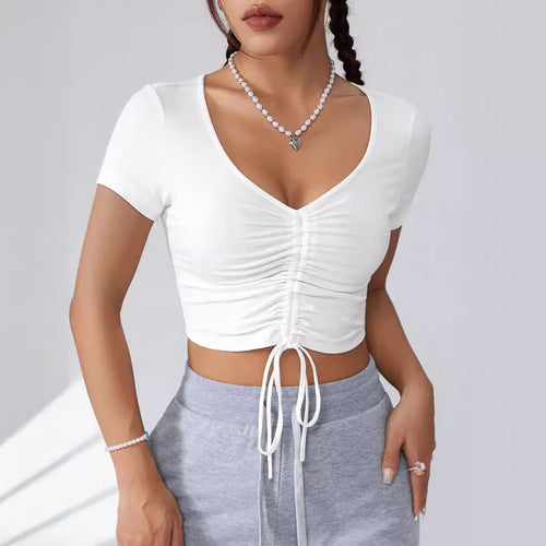 Damen Cropped Top mit raffinierten Rüschendetails und Kordelzug Drune