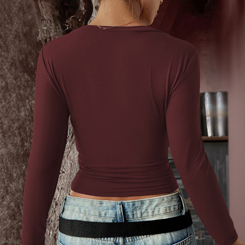 Damen figurbetontes Langarmshirt mit V-Ausschnitt und elastischem Material Drune