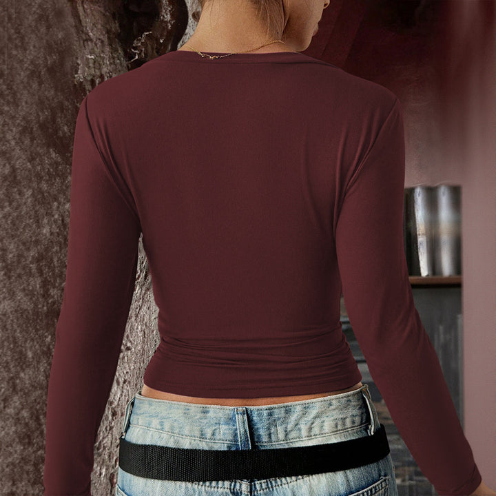 Damen figurbetontes Langarmshirt mit V-Ausschnitt und elastischem Material Drune