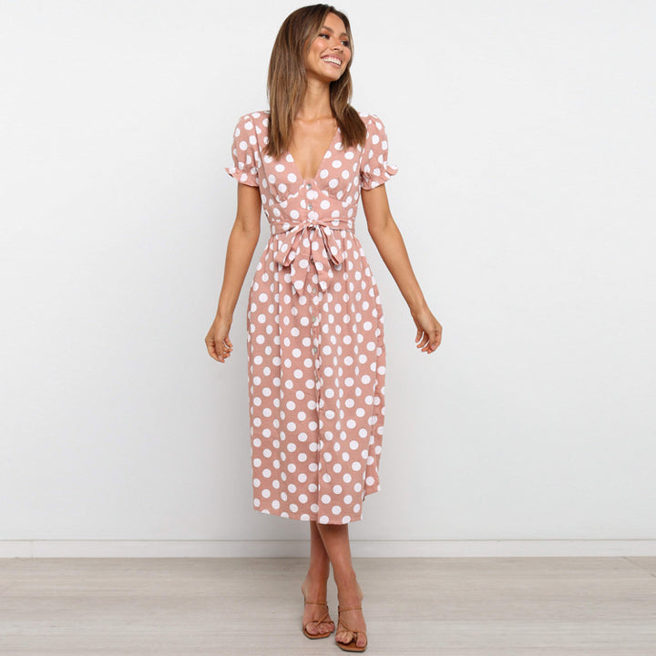 Damen Polka Dot A-Linie Midi Kleid mit Bindegürtel Drune