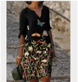 Damen luxuriöses V-Ausschnitt Kleid mit floralem Design und kurzem Ärmel Drune