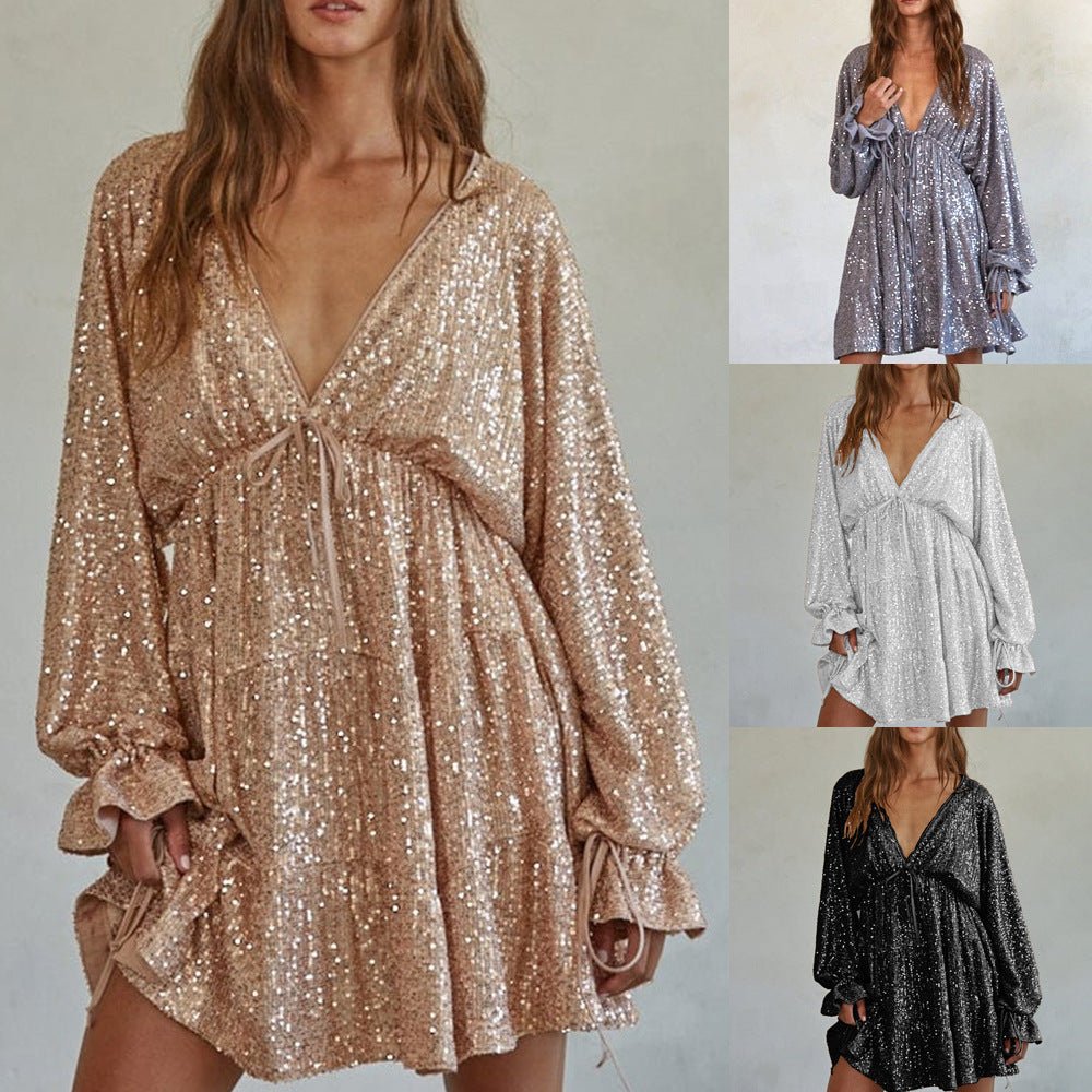 Damen Funkelndes Festkleid mit V-Ausschnitt und Rüschendetails Drune