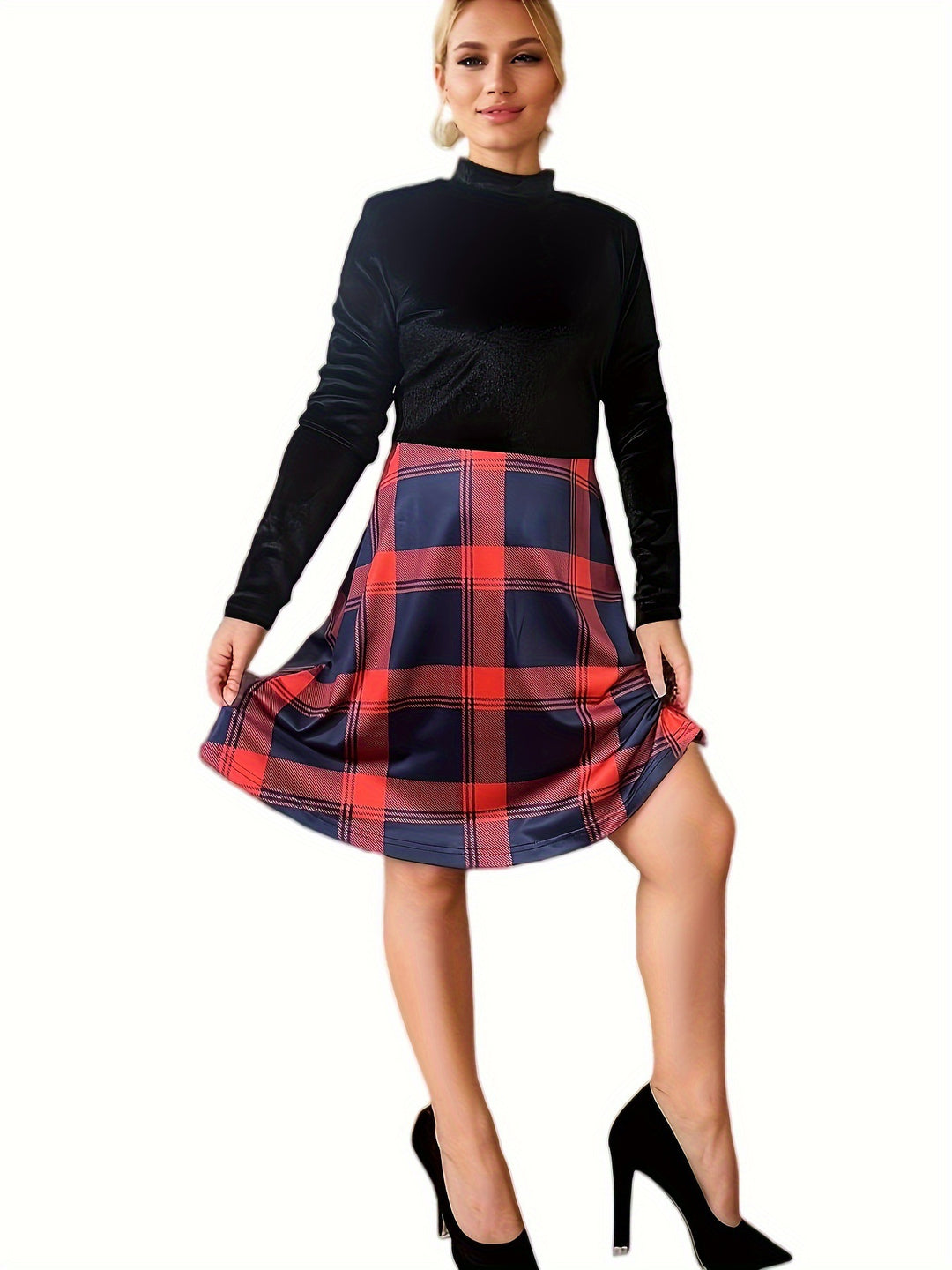 Damen Hochgeschlossen Kleid im Karomuster mit fließendem Rock Drune