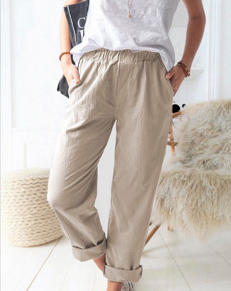 Damen lässige Leinenhose mit elastischem Bund und praktischen Taschen Drune