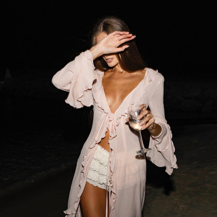 Damen elegantes Strandkleid mit Rüschen und tiefem Schlitz Drune