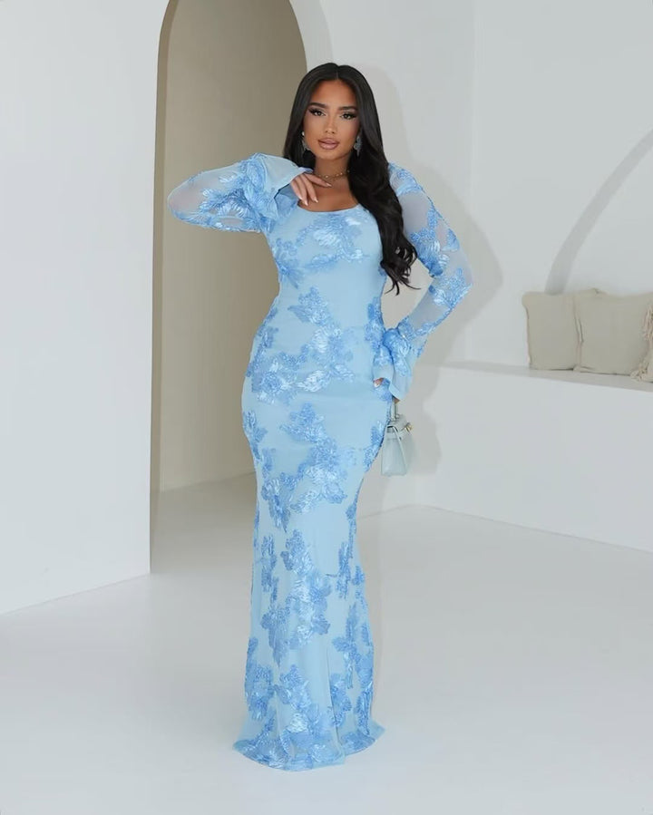 Damen Elegantes Maxikleid mit transparenter Spitze und floralen Applikationen Drune