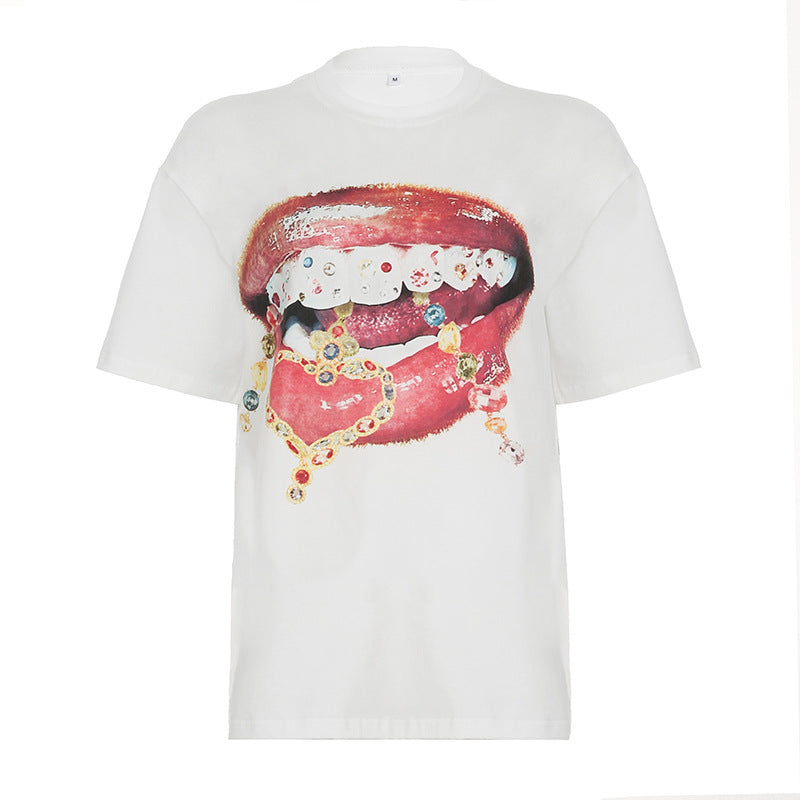 Damen lässiges T-Shirt mit glänzendem Kreuzdesign und großzügigem Ausschnitt Drune