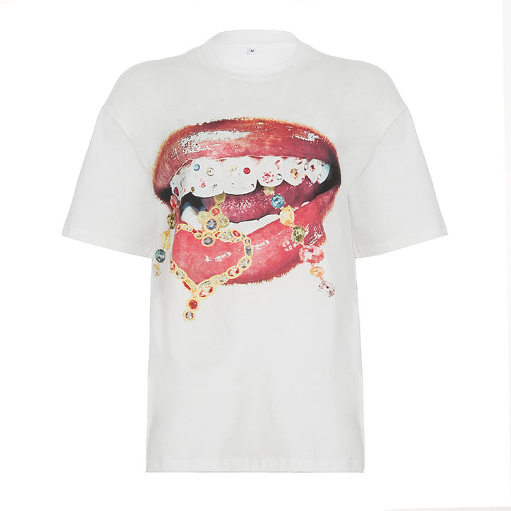 Damen lässiges T-Shirt mit glänzendem Kreuzdesign und großzügigem Ausschnitt Drune
