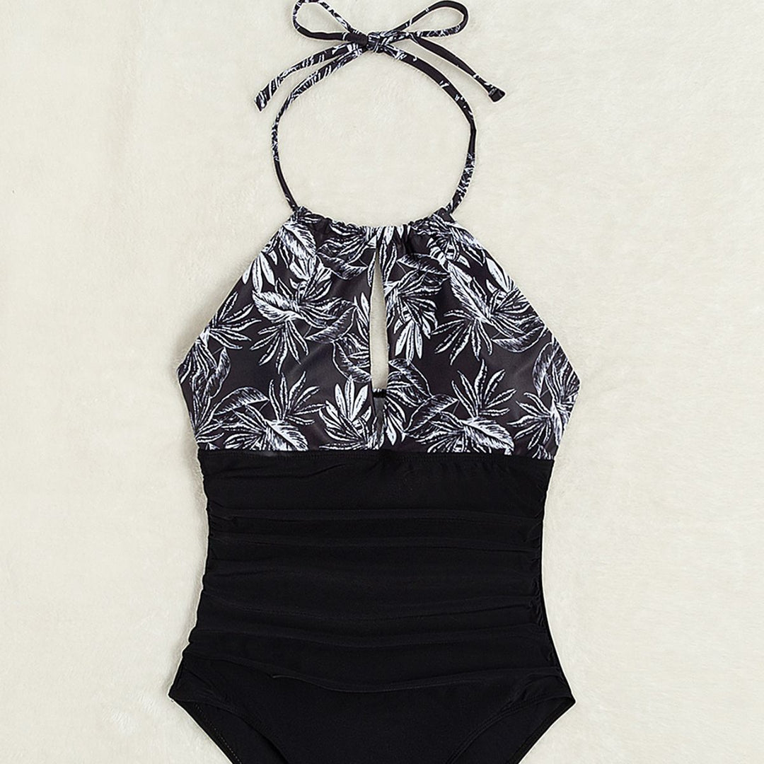 Damen eleganter Einteiler-Badeanzug mit floralem Muster und figurformenden Elementen Drune