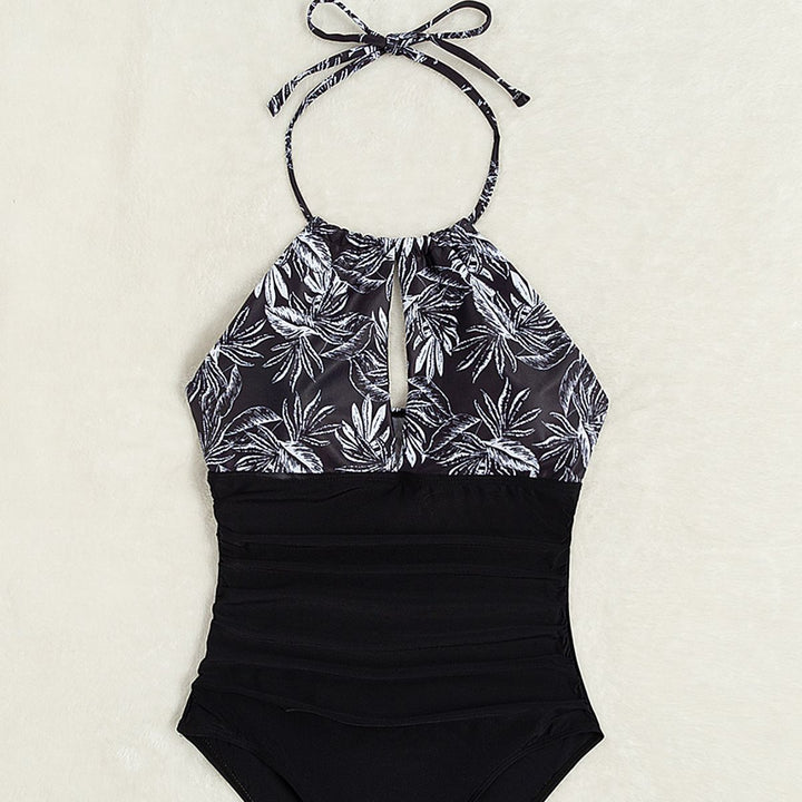 Damen eleganter Einteiler-Badeanzug mit floralem Muster und figurformenden Elementen Drune