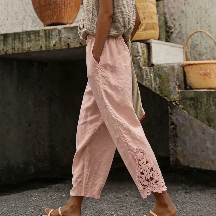 Damen elegante Leinenhose mit Spitzenapplikationen Drune