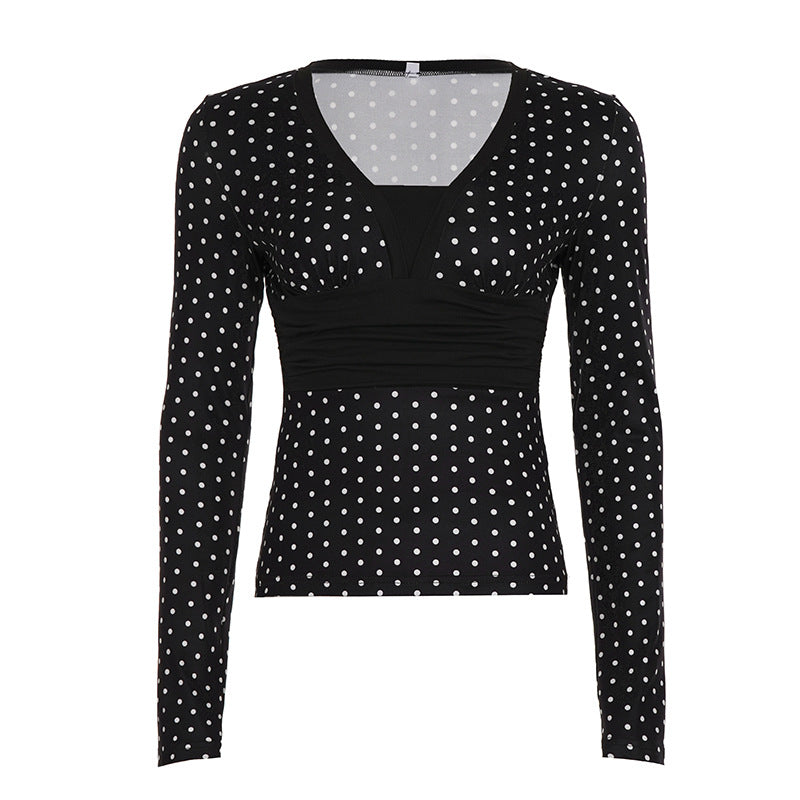 Damen nan taillierte Wickelbluse mit Polka‑Dot Muster, tiefem V‑Ausschnitt und breitem Taillenband Drune