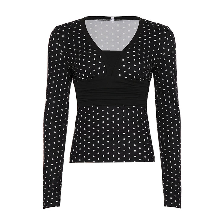 Damen nan taillierte Wickelbluse mit Polka‑Dot Muster, tiefem V‑Ausschnitt und breitem Taillenband Drune