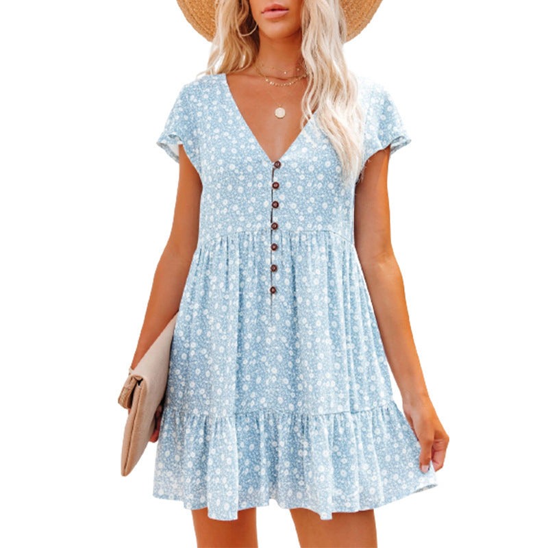 Damen Blümchen Kleid mit Knopfleiste und Volantdetails Drune