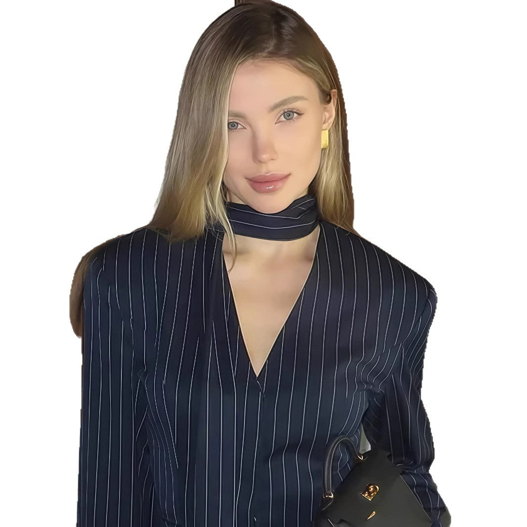 Damen Elegante gestreifte Bluse mit schmeichelndem V-Ausschnitt und schmalem Gürtel Drune