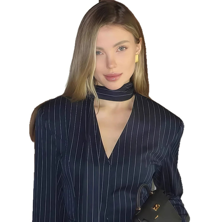 Damen Elegante gestreifte Bluse mit schmeichelndem V-Ausschnitt und schmalem Gürtel Drune