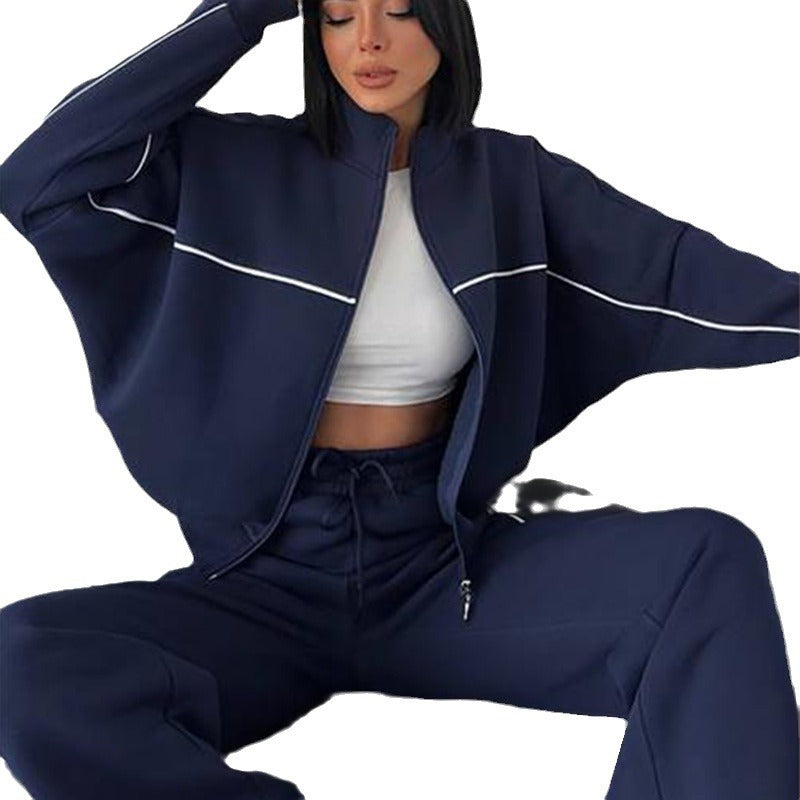 Damen nan Oversize Trainingsanzug Set mit Reißverschluss hohem Kragen und Kontrastpaspeln Drune