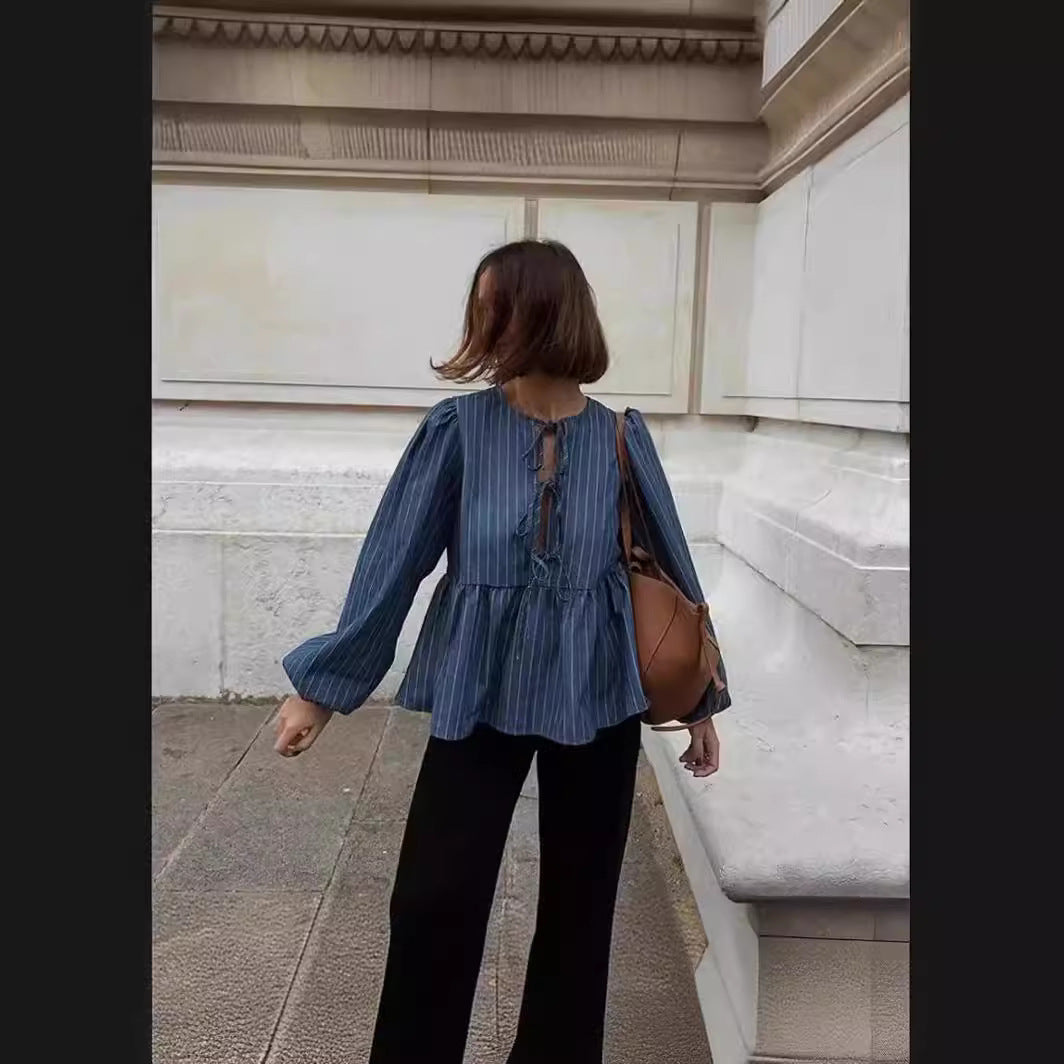 Damen modisches Denim-Oberteil mit taillierter Silhouette und Volant Drune