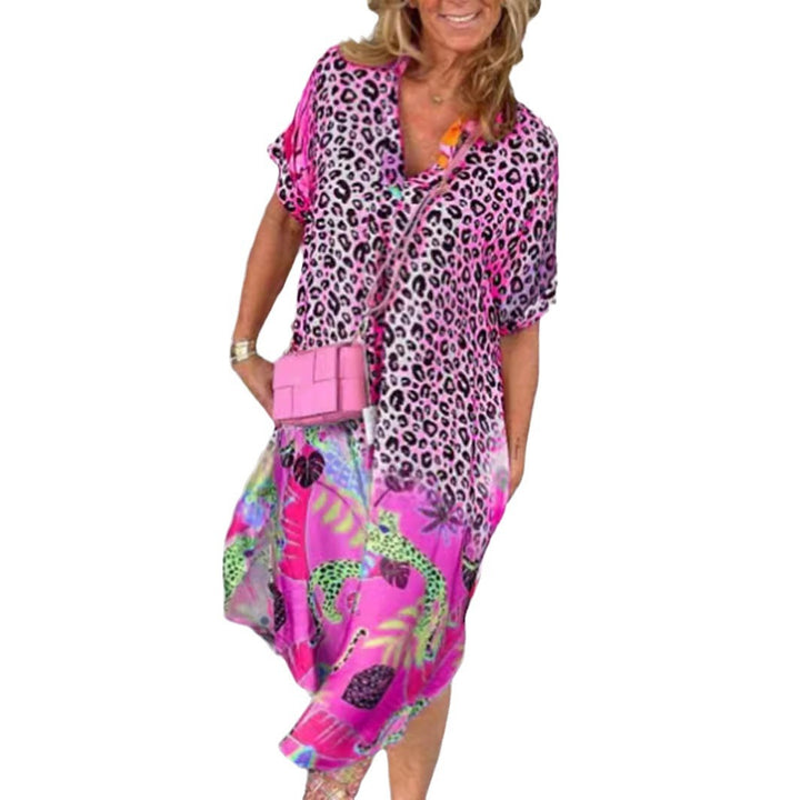 Damen nan weit geschnittenes V-Ausschnitt Midikleid mit Leoparden- und Tropenprint Drune