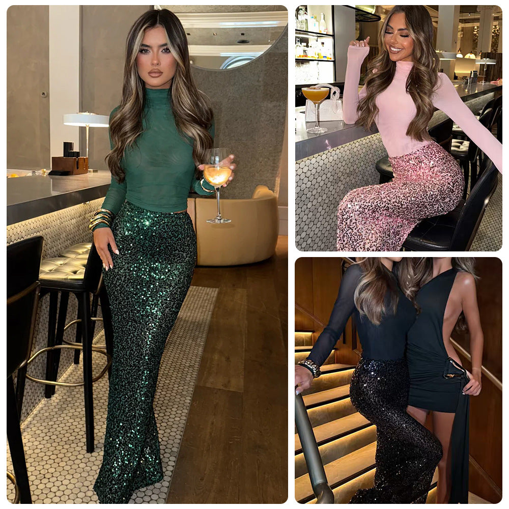 Damen Glamouröses Pailletten-Maxi-Rockkleid mit figurbetontem Oberteil und elegantem Schnitt Drune
