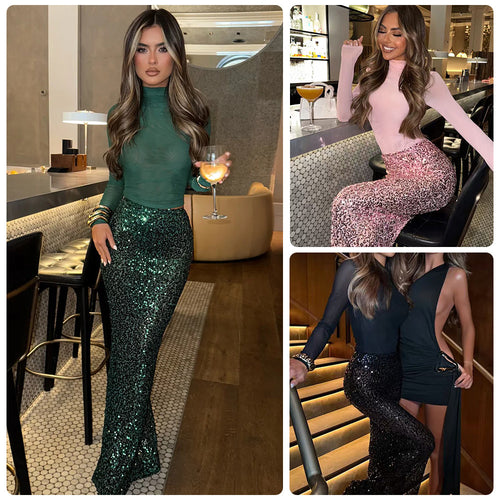 Damen Glamouröses Pailletten-Maxi-Rockkleid mit figurbetontem Oberteil und elegantem Schnitt Drune