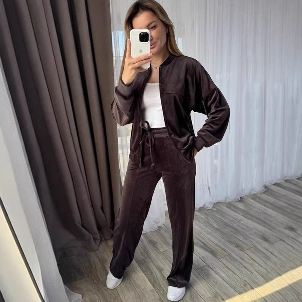 Damen Sportlicher Velours-Jogginganzug mit hohem Kragen und praktischen Taschen Drune
