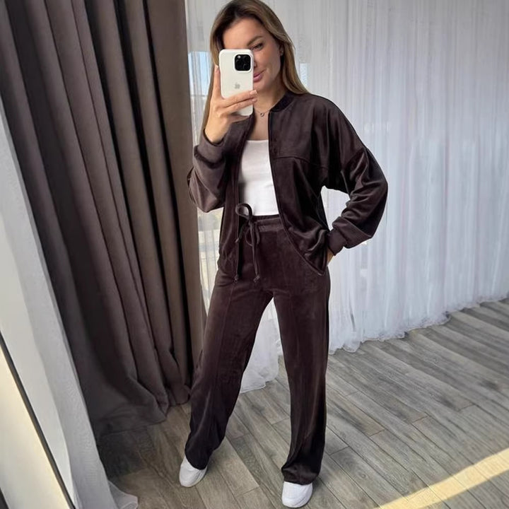 Damen Sportlicher Velours-Jogginganzug mit hohem Kragen und praktischen Taschen Drune