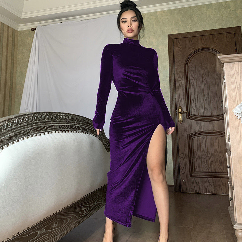 Damen Elegantes Langarm-Wickelkleid aus weichem Veloursstoff mit hohem Schlitz Drune