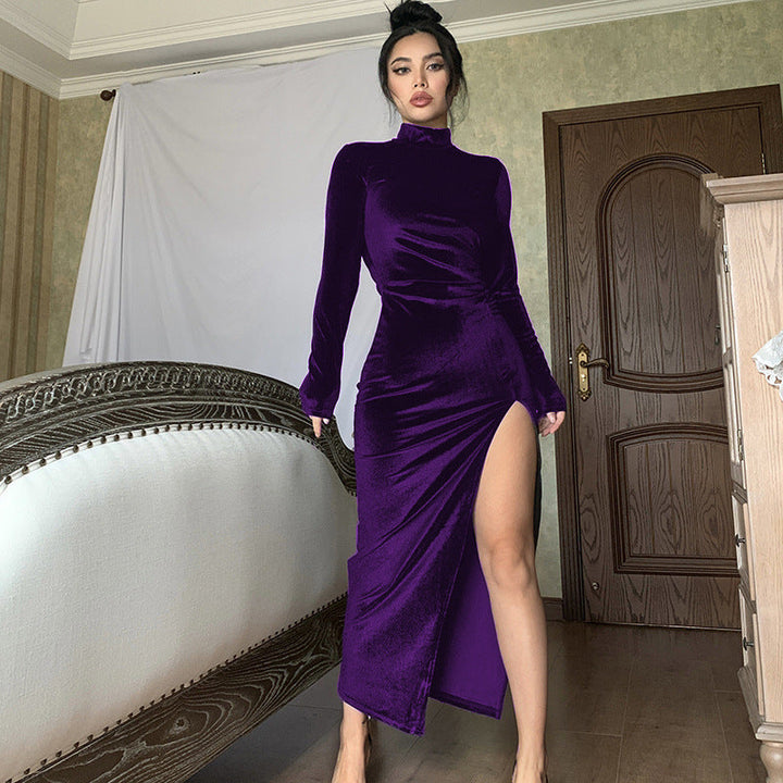 Damen Elegantes Langarm-Wickelkleid aus weichem Veloursstoff mit hohem Schlitz Drune