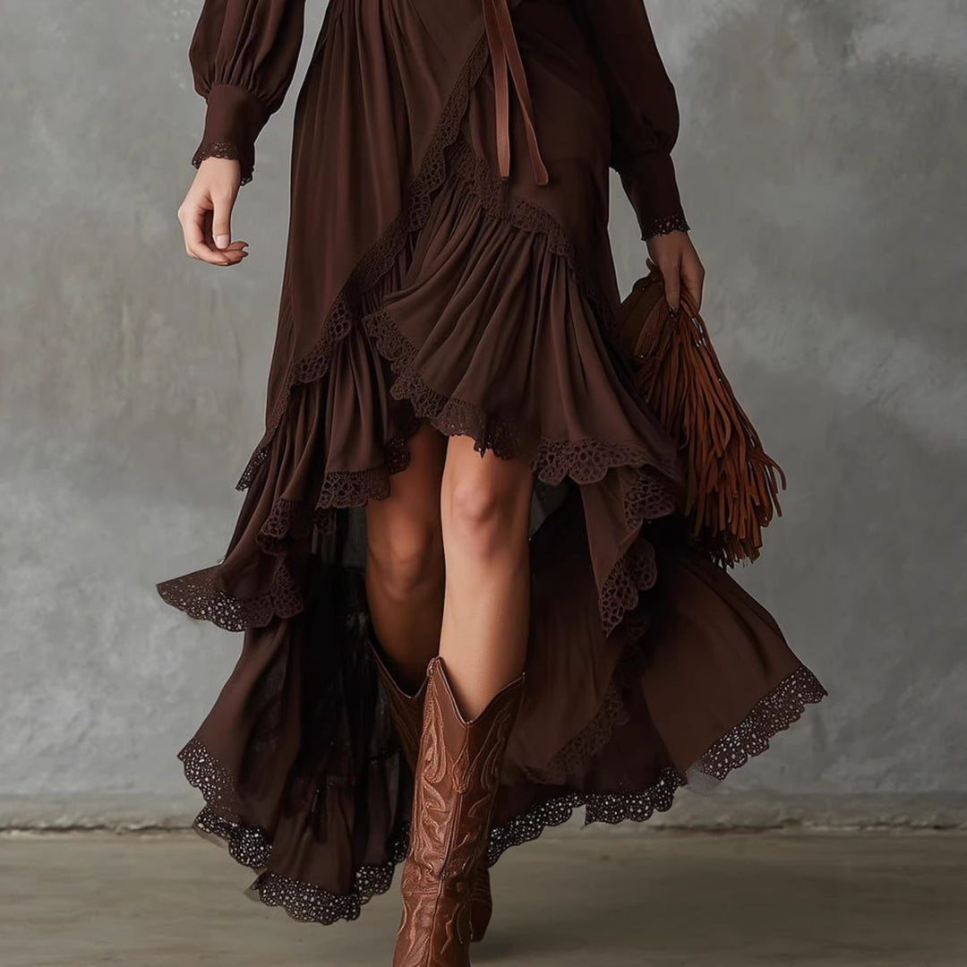 Damen Wickelkleid mit Spitzendetails und fließendem Saum Drune