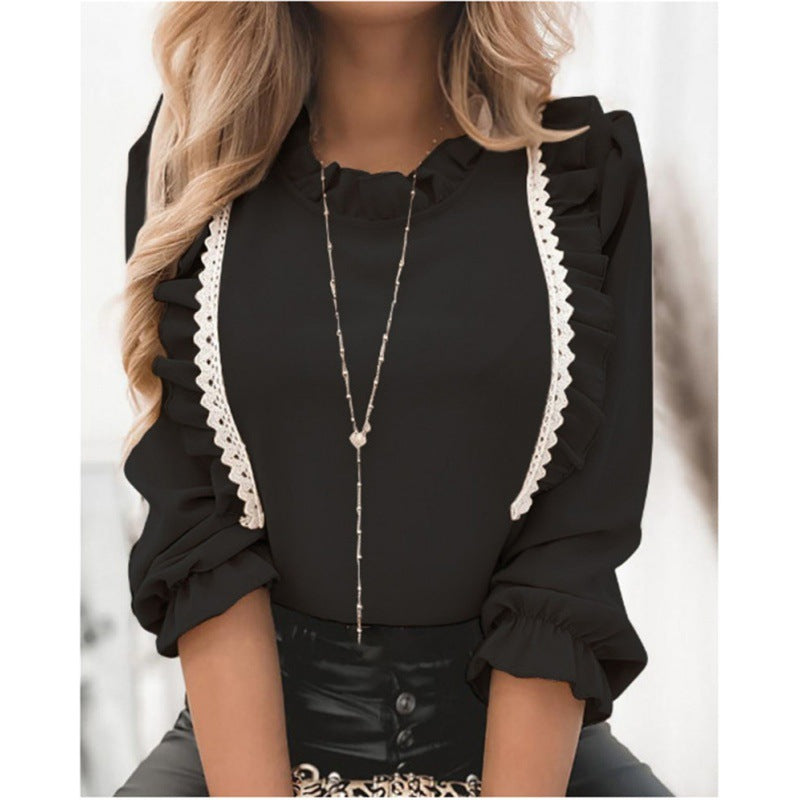 Damen Elegante Bluse mit Rüschendetails und Spitzenakzenten Drune