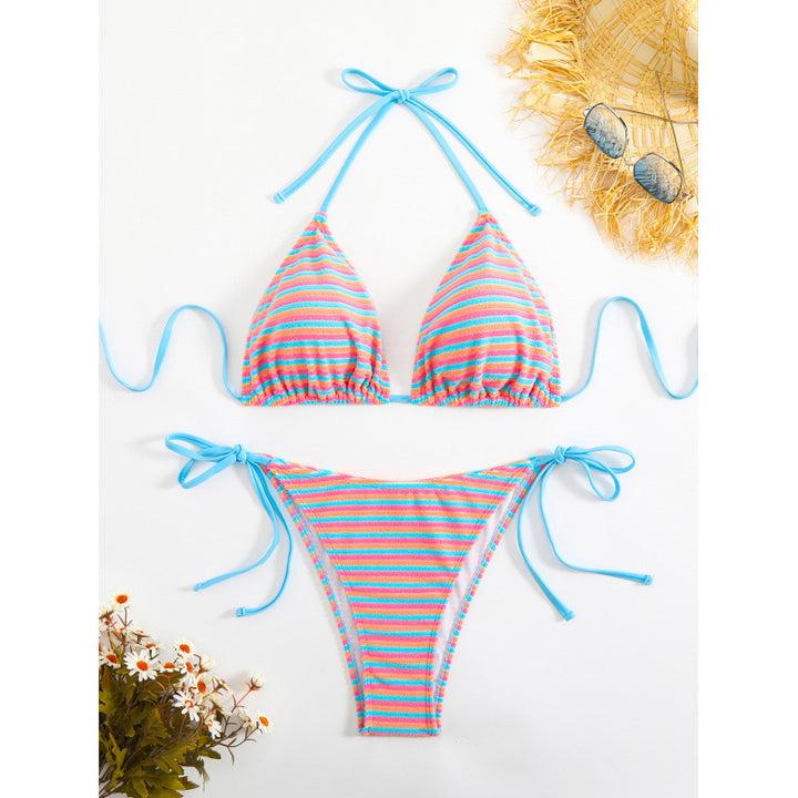 Damen Triangel-Bikini mit verstellbaren Bindebändern und verspieltem Streifenmuster Drune