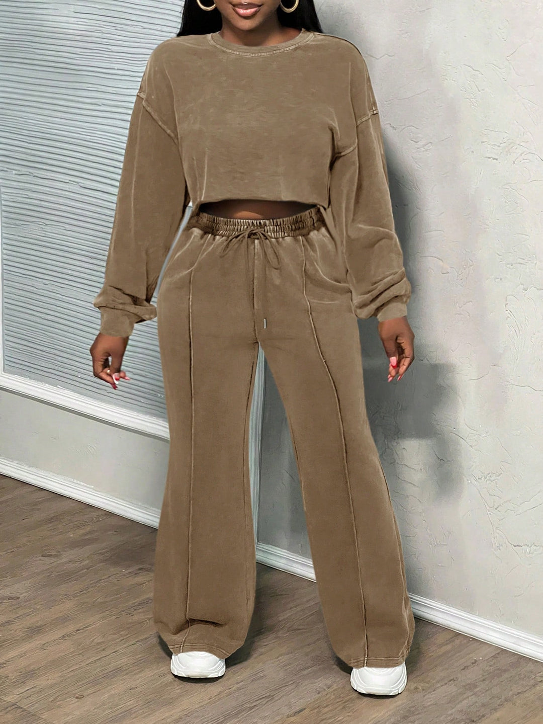 Damen lässiges Crop-Oberteil und weit geschnittene Hose Set Drune