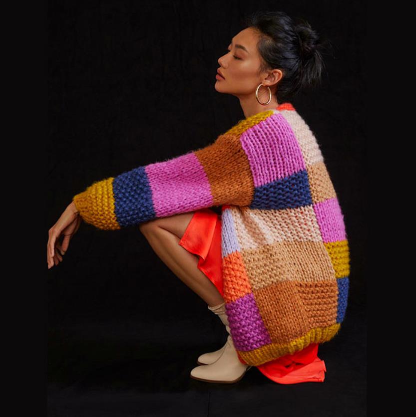 Damen Grobstrick-Cardigan mit buntem Patchwork-Design Drune