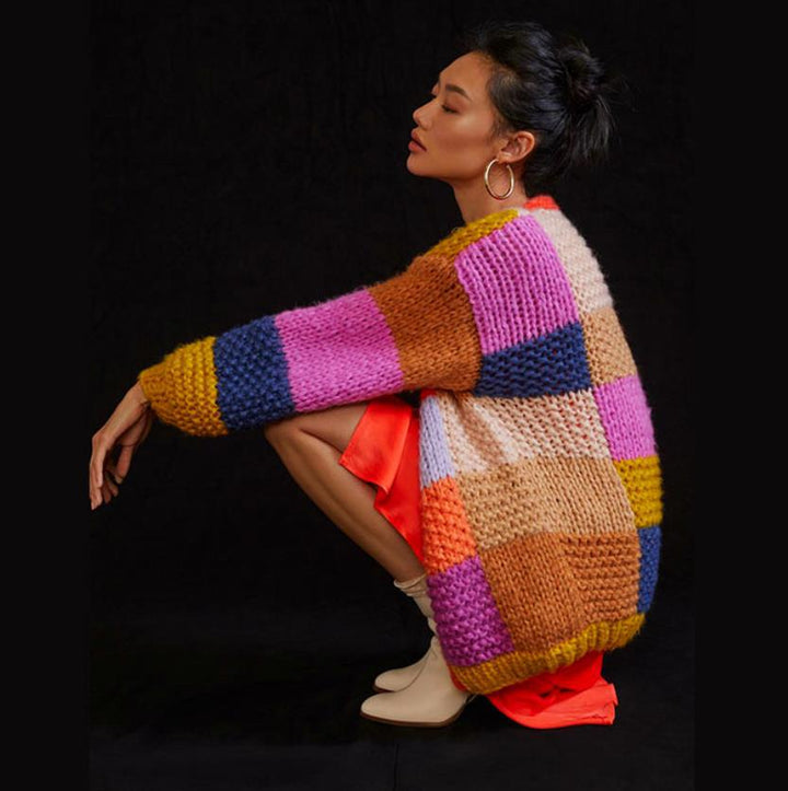 Damen Grobstrick-Cardigan mit buntem Patchwork-Design Drune