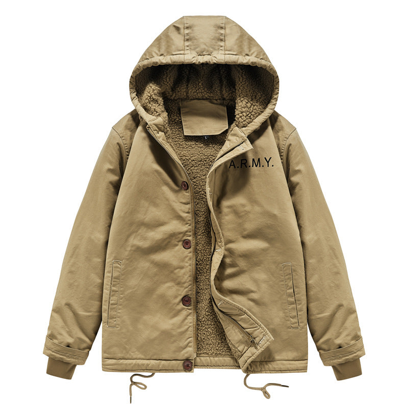Herren nan gefütterte Fieldjacke mit Kapuze, Teddyfutter, verdeckter Reißverschluss und Kordelzug Drune