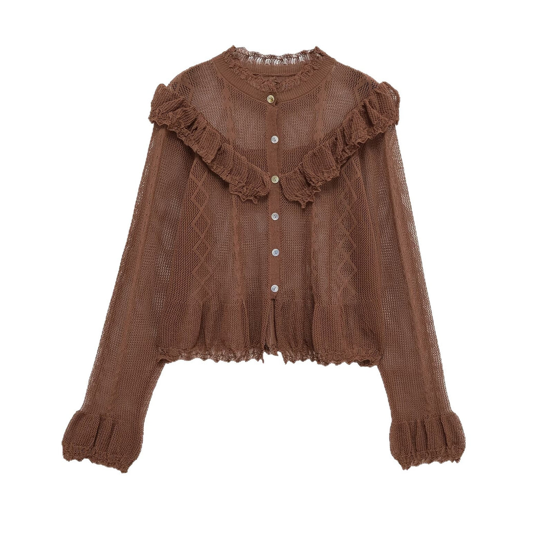 Damen Verspielte Strickjacke mit Rüschen und Knopfdetails Drune