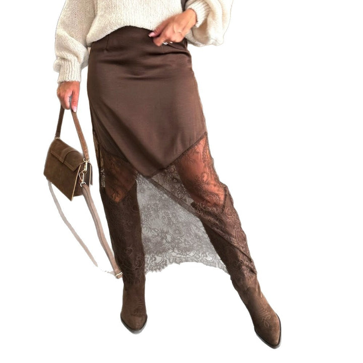 Damen asymmetrischer Spitzenrock mit Satinfutter Drune