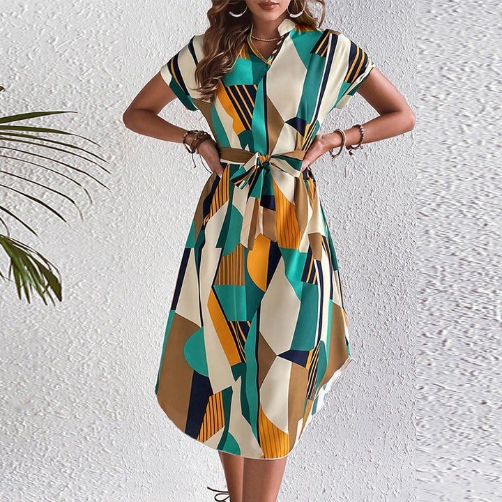 Damen Maxikleid mit geometrischem Design und Taillengürtel Drune