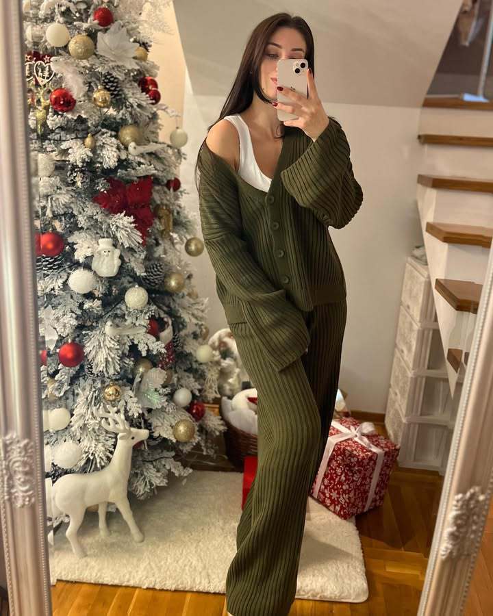 Damen lässiges Strick-Loungewear-Set mit Knopfleiste und weitem Schnitt Drune