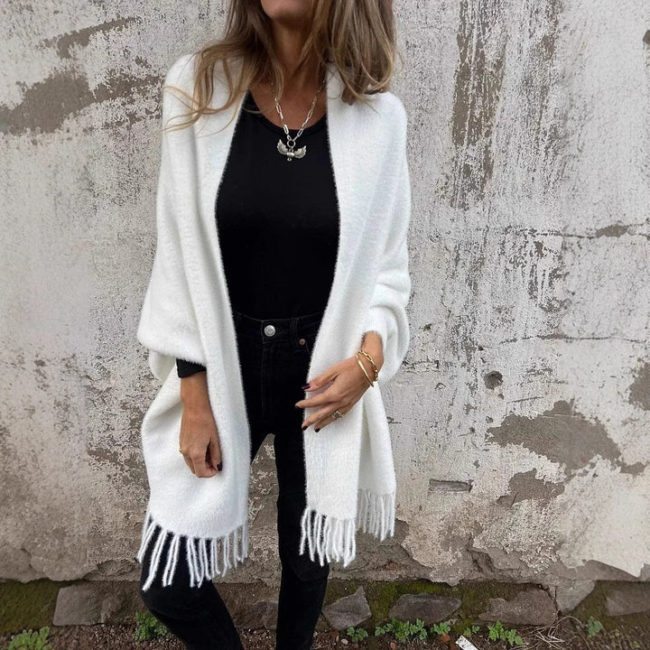 Damen nan langer kuscheliger Fransen-Cardigan mit Schalkragen und Oversize-Passform Drune