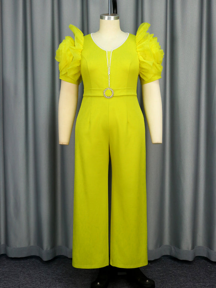 Damen eleganter Jumpsuit mit voluminösen Puffärmeln und Perlenakzent Drune
