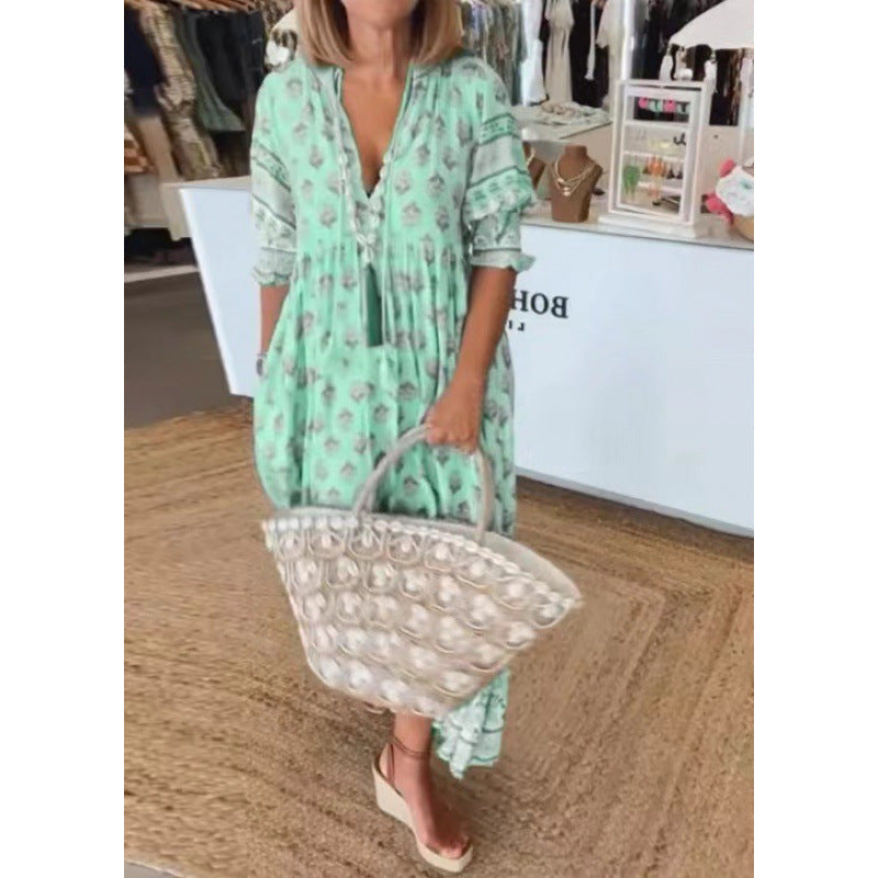 Damen Boho-Stil Kleid mit geflochtener Schnürung und handgefertigten Details Drune
