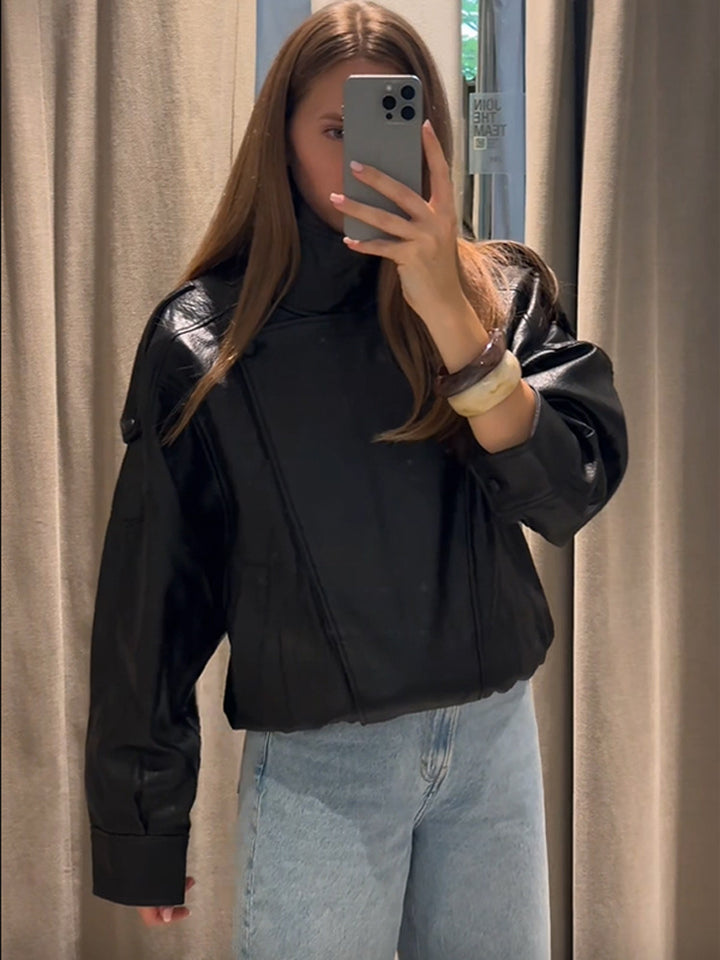 Damen lässige Kunstlederjacke im Oversized-Schnitt Drune
