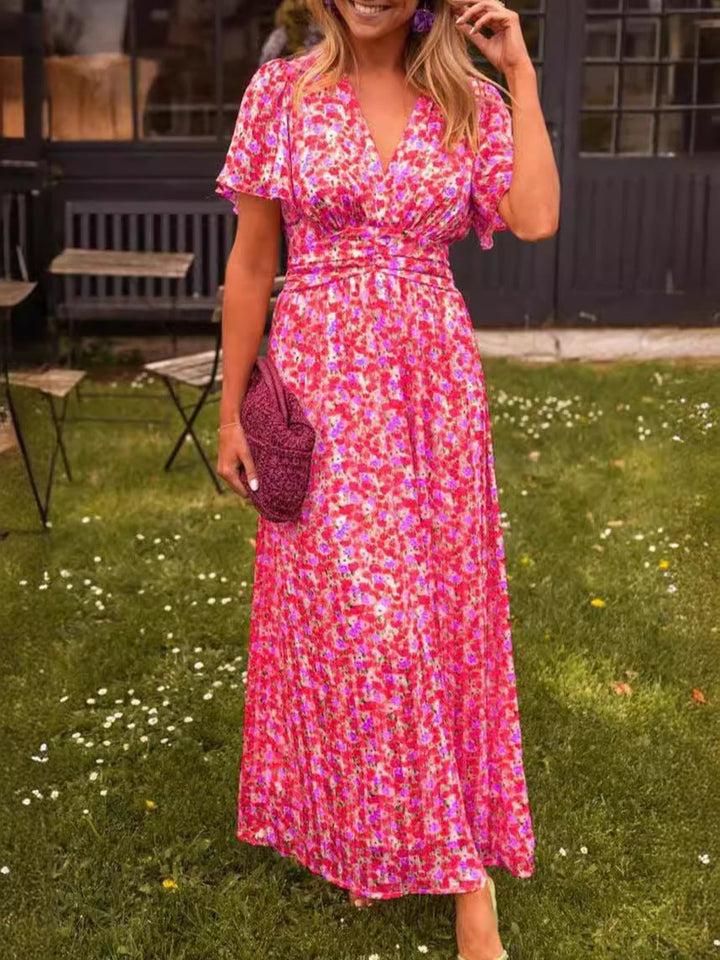 Damen Maxikleid mit floraler Raffung und V-Ausschnitt Drune