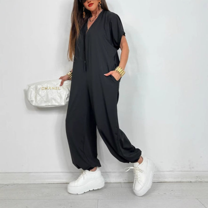 Damen Oversized Jumpsuit mit modernem Leopardenmuster und praktischen Taschen Drune